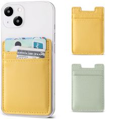 an iphone case with two different colors and a card holder in the front, one is yellow