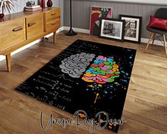 a black rug with a colorful brain on it