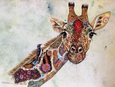 a painting of a giraffe with colorful designs on it's face and neck