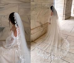 "If you're looking for romantic and unique veil on your wedding day, this beauty is for you. This floral long veil with lace up to the comb is gorgeous for a traditional bride in search of a dreamy accent or the modern bride with unique taste.  * Width: 98\" * Metal Comb  ♡ ♡ ♡ ♡ ♡ ♡ RETURN POLICY:  I gladly accept returns and exchanges Contact me within: 3 days of delivery Ship items back within: 7 days of delivery I don't accept cancellations But please contact me if you have any problems with your order. Buyers are responsible for return shipping costs. If the item is not returned in it ORIGINAL condition, the buyer is responsible for any loss in value. ♡ ♡ ♡ ♡ ♡ ♡ Thank you for visiting CraftLis. It is a great honor for us to be part of your special day!🤍" Unique Wedding Veils Lace, Bride With Veil, Long Veils, Unique Wedding Veils, Lace Trimmed Veil, Long Wedding Veil, Romantic Veil, Unique Veil, Veil With Lace