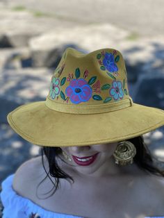 This Mexican Suede Hat has beautiful hand painted flowers, perfect to add that special touch to any outfit. This Mexican Hat is completely unique and one of a kind! Mexican Hat, Suede Hat, Embroidered Belt, Leather Slip On Shoes, Beautiful Belts, Painted Clothes, Hand Painted Flowers, Floppy Hat, Hat Fashion