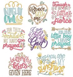 six different types of embroidery designs with words on them