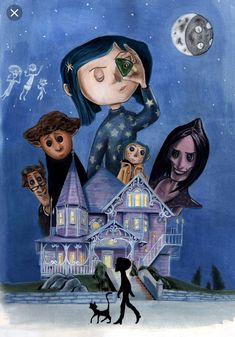 a painting of a girl and her family in front of a house with stars on the sky