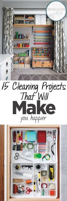 the inside of a cabinet with tools in it and text overlay that reads 15 cleaning projects that will make you happier