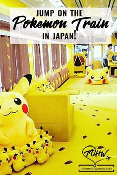 there are many stuffed pikachu toys on the table in this train car ride