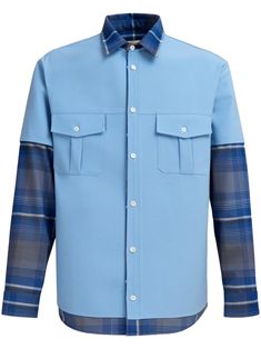 blue check print layered design spread collar front button fastening long sleeves buttoned cuffs two chest flap pockets curved hem City Shorts, Layered Design, Balenciaga Triple S, Blue Check, Short Suit, Summer Beach Wear, Layers Design, Light Jacket, Jacket Style