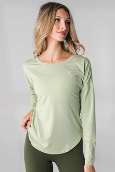 Vitality Versa Full Long Sleeve - Women's Light Green Long Sleeve Shirt Stretch Tops For Loungewear, Versatile Stretch Tops For Loungewear, Everyday Stretch Crew Neck Tops, Everyday Crew Neck Tops, Versatile Everyday Crew Neck Tops, Versatile Crew Neck Tops For Everyday, Everyday Top With Relaxed Fit And Curved Hem, Everyday Relaxed Fit Top With Curved Hem, Everyday Tops With Relaxed Fit And Curved Hem