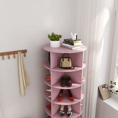 there is a pink shelf with shoes on it