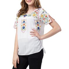 Embroidered Multicolor Tops, Casual Top With Embroidered Short Sleeves, Casual Tops With Embroidered Short Sleeves, Multicolor Embroidered Short Sleeve Blouse For Spring, Spring Multicolor Embroidered Tops With Sleeves, Spring Blouse With Multicolor Embroidered Neckline, Summer Blouse With Embroidered Neckline, Spring Short Sleeve Blouse With Multicolor Embroidery, Fitted Blouse With Embroidered Hem