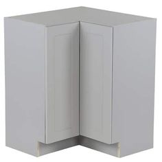 a corner cabinet with two doors and one door open to show the inside of it