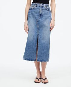 The Rilee Denim Midi Skirt | Madewell Jeans Bags, Button Front Top, Denim Midi Skirt, Madewell Denim, Bags And Accessories, Casual Wardrobe, Cotton Fiber, Denim Skirt, Madewell