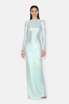 The Frieze dress brings dramatic flair to events dressing. Made from slinky foiled jersey that catches the light, it has padded shoulders for a statement silhouette. Sequin One Shoulder Dress, Galvan London, Iridescent Dress, Bridal Jumpsuit, Designer Evening Gowns, Designer Evening Dresses, Timeless Dress, Knit Jumpsuit, Dress 16