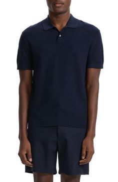 This work-to-weekend polo is crafted in a soft shape-retaining knit for season-spanning polish. 26 1/2" length (size Medium) Button half-placket Short sleeves 60% viscose, 36% polyester, 4% other fibers Dry clean or machine wash, dry flat Imported Navy Polo Shirt With Button Closure For Work, Navy Fitted Collared Polo Sweater, Fitted Navy Collared Polo Sweater, Navy Short Sleeve Polo Sweater With Ribbed Collar, Solid Polo Shirt With Buttons For Work, Workwear Polo Shirt With Buttons, Classic Navy Polo Shirt With Johnny Collar, Classic Fitted Navy Polo Shirt, Classic Navy Fitted Polo Shirt