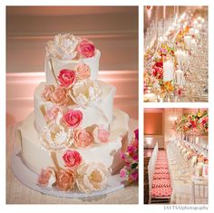 the wedding cake is decorated with pink and white flowers on it's tiers