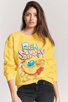 Model from the pictures is wearing size Small  New with the tag Sold out from Forever 21 A fleece knit sweatshirt featuring a front Ren and Stimpy character graphic, a crew neck, drop-shoulder long sleeves, ribbed trim, and a relaxed fit.  Officially licensed product.  50% cotton, 50% polyester.   Machine wash cold.  Made in Honduras.  Size + Fit:. Model is 5'9%22 and wearing a Small.  Full length: 25. Chest: 39. Waist: 39. Sleeve length: 23.5 Payment is due no later than 4 days after you have w Ren And Stimpy, Character Graphic, Cartoon Outfits, Knit Sweatshirt, Summer Outfits Women, Cartoon Character, Western Wear, Women's Tops, Honduras