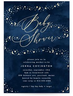 the baby shower is shown with stars and crescents in gold foil on a dark blue background