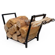 a chair made out of wood and metal with wheels on the back, sitting in front of a pile of logs