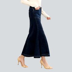 Make a statement this season with our Contrast Stitching Peplum Jeans Skirt. Y2K style from our 2023 Autumn Collection. An exquisite combination of vintage chic and modern fashion. this high-waist. long skirt features a zipper and button closure. dark wash denim and contrast stitching in a bold. retro-inspired peplum silhouette.Distinctive Features: Y2K Style: Make a statement with this vintage-inspired. Y2K-style skirt that will take you back to the 2000s in style. Dark Wash Denim: Crafted from Denim Blue High Waist Skirt For Fall, High Waist Denim Blue Skirt For Fall, Non-stretch High Rise Fall Skirt, Chic Denim Blue Skirt For Fall, Chic Non-stretch Denim Skirt, High Waist Dark Wash Skirt For Fall, Chic Non-stretch Denim Blue Skirt, Chic Dark Wash Skirt For Fall, Dark Wash Denim Flared Skirt