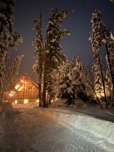 a cabin in the woods at night with snow on the ground and trees around it