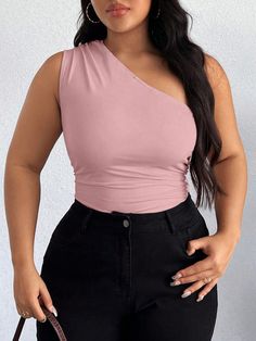 Plus Size Asymmetrical Neckline Oblique-Shoulder Solid Color Slim Fit Bodysuit Dusty Pink Casual  Sleeveless Fabric Plain Other Medium Stretch  Women Plus Clothing, size features are:Bust: ,Length: ,Sleeve Length: Asymmetrical Neckline, Dusty Pink, Plus Clothing, All Fashion, Length Sleeve, Latest Trends, Style Inspiration, Slim Fit, Solid Color