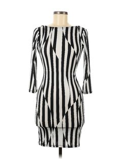 Auditions Casual Dress Size: Medium Silver Dresses - used. 95% POLYESTER, 5% SPANDEX, Boatneck, Stripes, Knee Length, 3/4 Sleeve | Auditions Casual Dress: Silver Stripes Dresses - Used - Size Medium Long Sleeve Lined Midi Dress For Party, Long Sleeve Lined Midi Party Dress, Striped Lined Mini Dress For Party, Striped Midi Party Dress, Striped Midi Length Party Dress, Striped Lined Party Dress, Party Striped Lined Dresses, Stretch Bodycon Dress With 3/4 Sleeves For Parties, Striped Knee-length Party Dress