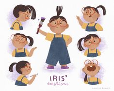 an illustrated drawing of a girl with different facial expressions and hair styles, holding a brush in her hand