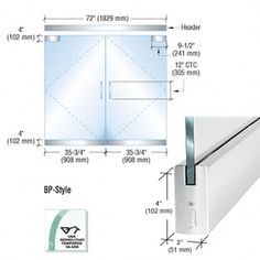 an image of a glass door with measurements for the frame and sidewalls on it