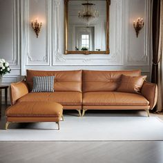 a living room filled with furniture and a large mirror