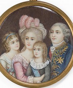 a painting of three women and two children in an oval frame on a white background