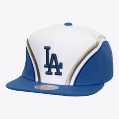 the los angeles dodgers'new era cap is shown in white and blue with silver trim