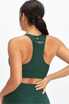 On-The-Go Medium Impact Sports Bra Fabletics green female Activewear >> Womens >> Sports Bras >> Medium Impact Knit regular Training 4-Way Stretch/Removable Bra Cups Our fan-favorite pocket bra Fabletics FIT App Trained Approved Female Activewear, High Support Bra, Fit App, Red Sports Bra, High Impact Sports Bra, Womens Sports, Pine Green, Black Bralette, Pink Sports Bra