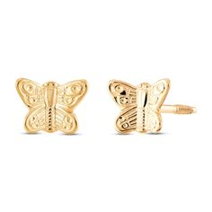 These dainty stud earrings feature an ornate butterfly design. Styled in timeless 14K yellow gold, the earrings secure with screw backs. Butterfly Stud Earrings, Small Butterfly, Butterfly Earrings Stud, Peoples Jewellers, Dainty Studs, Accessories Jewelry Earrings, Yellow Gold Earring, Gold Price, Butterfly Design