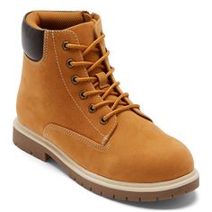 For the perfect cold-weather addition to your little or big boys' wardrobe, try these Thereabouts Luke hiking boots. Made from smooth faux suede with a leather trim, these lace-up boots have a sturdy flat heel and a side zip closure. Pair with his favorite jeans and a sweater. Features: Lug SoleClosure Type: Side Zipper, Lace-UpShaft Circumference: 9 1/2 InchesBoot Shaft Height: 3 1/4 InchesShoe Heel Height: 3/4 InchUpper/Outer Base Material: 100% PolyuretheneShoe Lining Material: PolyesterSole Boots Brown, Wedge Sneaker, Big Boys, Brown Boots, Boys Shoes, Favorite Jeans, Leather Trim, Lace Up Boots, Boots Men