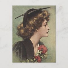 an old fashion portrait of a woman wearing a hat with flowers in it's hair