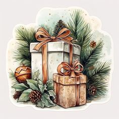 a christmas card with presents and pine cones