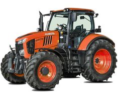 an orange tractor with big tires on a white background