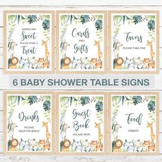 six baby shower table signs with jungle animals