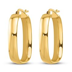 Adorn your ears with these gorgeous 14K yellow gold squared oval hoop earrings. Gleaming with high polished finish, these 4.75mm broad earrings are protected with hinged backs for worry-free movement. Modern Oval Huggie Earrings For Formal Occasions, Classic Oval Huggie Earrings With Polished Finish, Formal Oval Polished Huggie Earrings, Formal Oval Huggie Earrings With Polished Finish, Classic Oblong Jewelry With Polished Finish, Classic Gold Oval Huggie Earrings, Gold Oblong Huggie Earrings, Elegant Gold Oblong Huggie Earrings, Elegant Yellow Gold Oblong Hoop Earrings