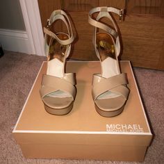 Size 10 - Never Worn Michael Kors Patent Leather Sandal. A High Heel With A Nice Platform For Added Comfort. Great For Weddings Or Any Summer Event! Beige Sandals With Heel Strap And Almond Toe, Beige Almond Toe Sandals With Heel Strap, Michael Kors Synthetic Sandals With Heel Strap, Michael Kors Synthetic Sandals For Evening, Michael Kors Sandals With Heel Strap, Michael Kors High Heel Synthetic Sandals, Michael Kors Synthetic Evening Sandals, Michael Kors Open Heel Synthetic Heels, Michael Kors Evening Sandals For Summer