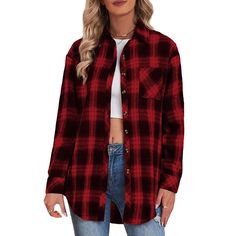 Red Plaid Print Loose Style Lightweight Shirt Jacket Winter Long Sleeve Flannel Shirt With Relaxed Fit, Red Long Sleeve Winter Shirt, Red Collared Flannel Shirt For Fall, Red Collared Top For Fall, Red Shirt For Workwear In Fall, Casual Red Outerwear, Oversized Red Flannel Shirt For Fall, Red Flannel Shirt For Winter, Red Button-up Flannel Shirt For Work