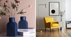 two photos one with yellow chair and the other with blue vases holding flowers in them