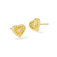 Our obsession with hearts isn't going to stop any time soon, and with the Anna Sunburst Stud Earrings, we're sure you'll feel the same. These sweet studs feature carved details to create a bursting design, while a princess cut crystal adds a pop of sparkle. To preserve your fashion jewelry for years to come, agents such as soaps, perfumes, lotions, makeup, hair and cleaning products, and other chemical contact should be avoided. Take care to remove jewelry before showering, sleeping, exercising Kendra Scott Huggie Earrings, Gold Kendra Scott Earrings, Kendra Scott Butterfly Earrings, 22k Gold Earrings Kendra Scott, Kate Spade Earrings Stud, Ivory Earrings, Etched Designs, Kendra Scott Jewelry, Gold Statement Earrings