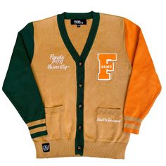 an orange and green cardigan sweater with the letter f on it