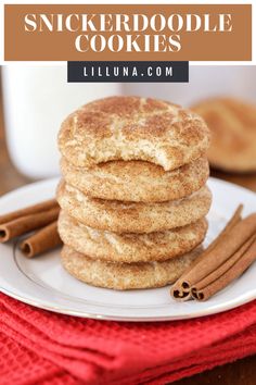 cinnamon sugar cookies stacked on top of each other with cinnamon sticks in the foreground