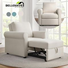 a white recliner chair sitting on top of a rug