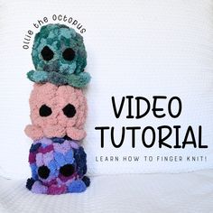 three crocheted stuffed animals sitting on top of each other with the words video tutor written above them