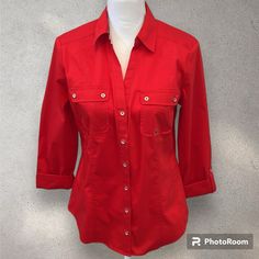 Brand New With Tags!! Pretty Red Button Down Shirt From New York & Company. Shirt Is A Size Medium And Has Two Front Pockets And Cuts In At The Waistline For A Flattering Fit. Sleeves Are Rolled To 3/4 Length. Bin 7 Red Summer Blouse With Pockets, Red Blouse With Pockets For Summer, Casual Red Blouse With Pockets, Red Summer Office Shirt, Red Buttoned Tops For Work, Casual Red Office Blouse, Casual Red Blouse For Office, Red Spring Shirt With Pockets, Red Office Shirt With Button Closure