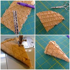 four pictures showing how to make an origami shaped piece of fabric with scissors