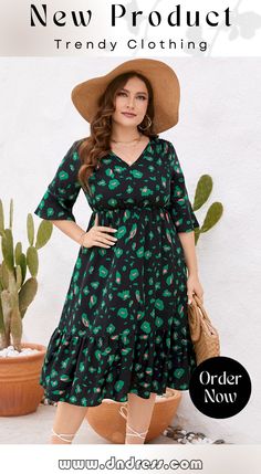 Plus Size Printed Flare Sleeve V-neck Dress Casual Green V-neck Dress, Green Midi Dress With Surplice Neckline For Beach, Green Non-stretch V-neck Midi Dress, Green Casual V-neck Midi Dress, Green V-neck Casual Midi Dress, Casual Green V-neck Midi Dress, Green Casual V-neck Dress, Green V-neck Casual Dress, Green V-neck Vacation Dress