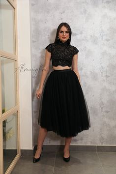 Black Tea Length Wedding Dress, Black Tulle Dress For Night Out, Black Tulle Skirt Dress For Night Out, Black Tulle Evening Dress For Prom Season, Black Lace Bodice Tulle Dress, Black Tulle Dress With Lace Bodice, Lace Evening Dress With Tulle Skirt, Elegant Black Evening Dress For Wedding Guest, Tulle Tea Length Evening Dress